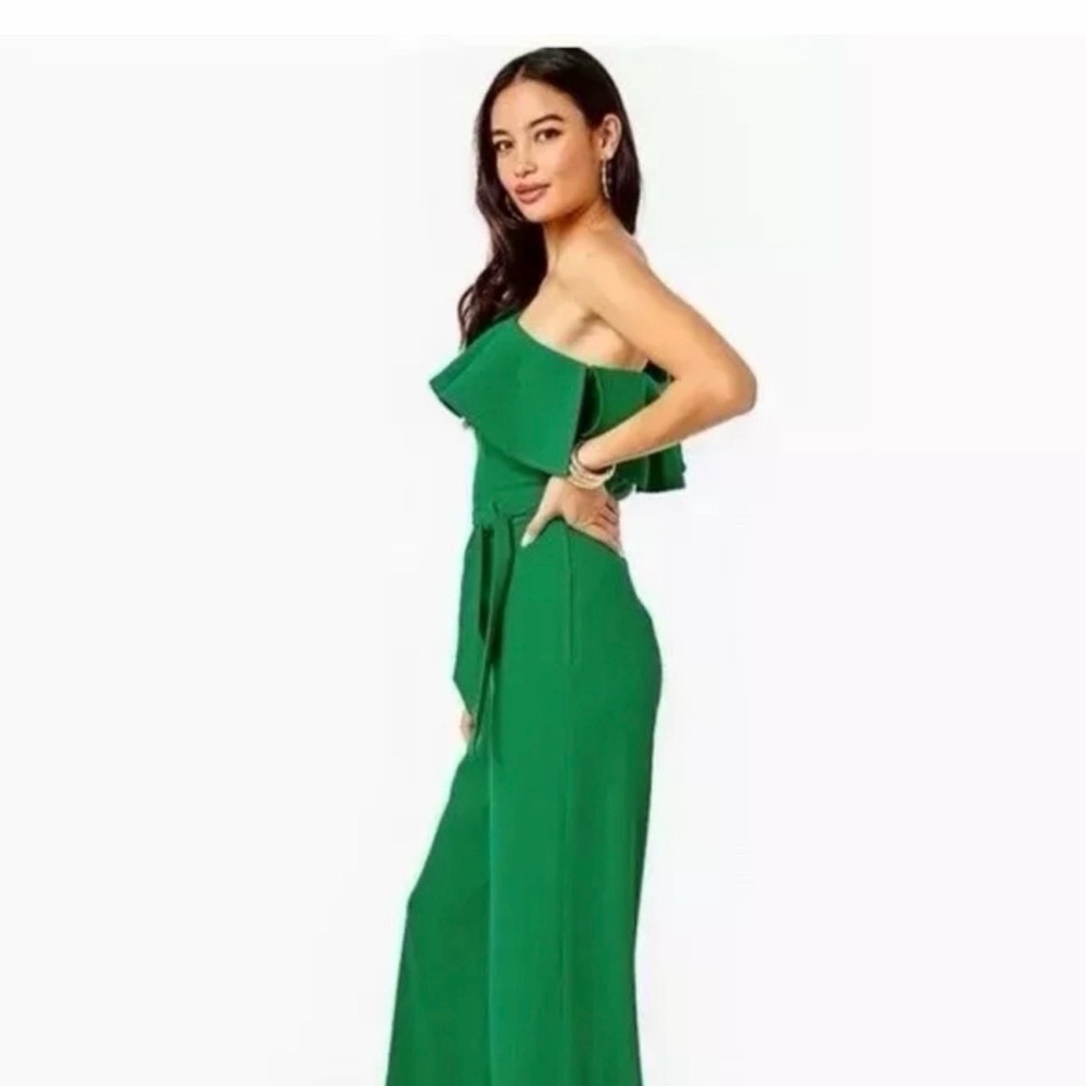 Lily Pulitzer Lyra in Fern Gully Green One-Shoulder Jumpsuit - Picture 2 of 8